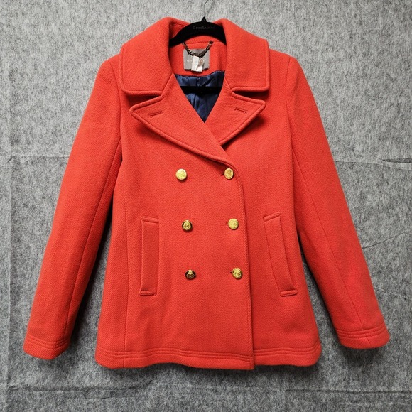 J. Crew Pea Coat Women 4 Red Stadium Cloth by Nello Gori Gold Buttons FLAWS READ - Picture 2 of 14